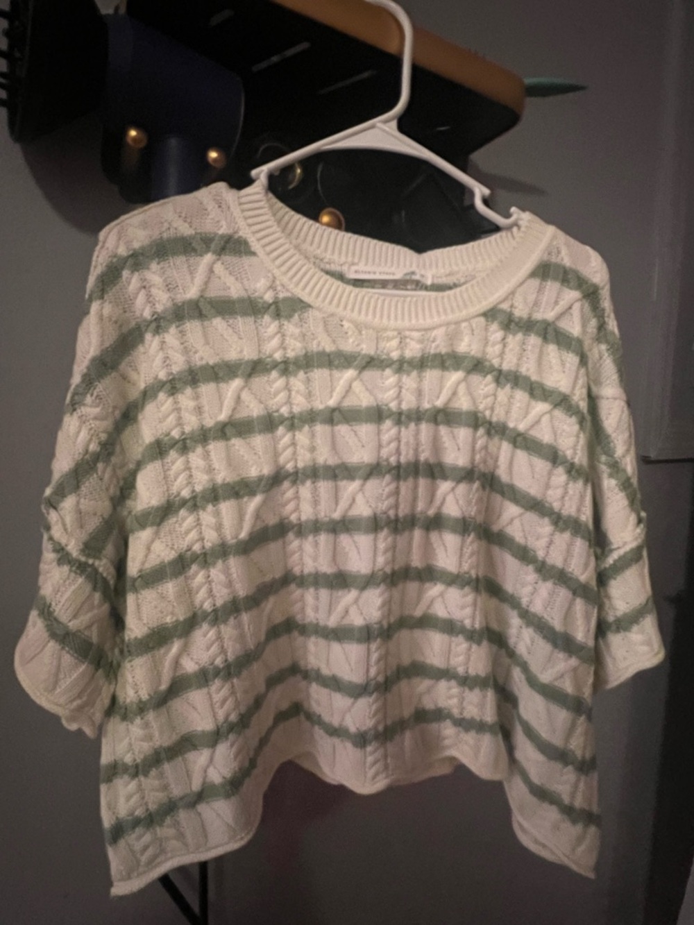 Altar'd State Cream Cable-Knit Sweater with Sage Stripes
